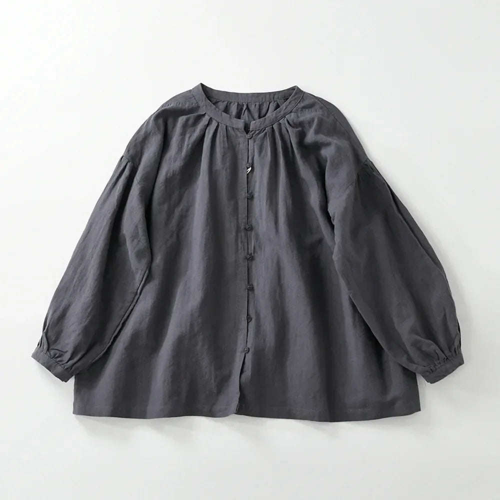 Office Lady Linen Long Puff Sleeve Loose Fit Single Breasted Shirt Spring Summer Elegant Vintage Minimalist All Match Work Top