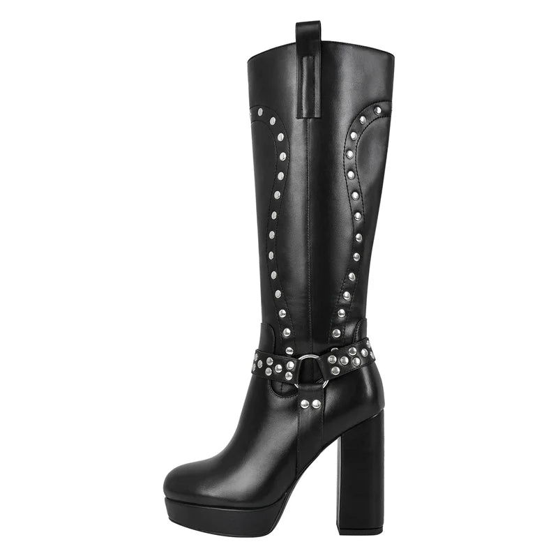 Onlymaker Women Round Toe Platform Knee High Boots Chunky Heel Side Zipper Metal Rivet Decoration Buckle Motorcycle Boots