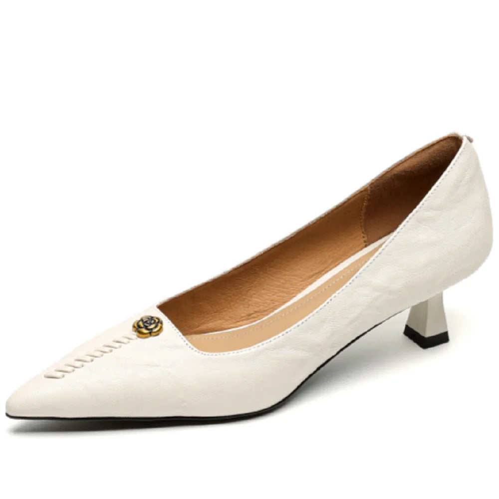 Handmade Genuine Leather Comfortable Retro Style Mid Heels Pointed Head Season Women Shoes 34-40