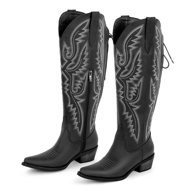 Onlymaker Women Pointed Toe Side Zipper Embroidered Western Cowboy Boots Block Heel Cowgirl Booties