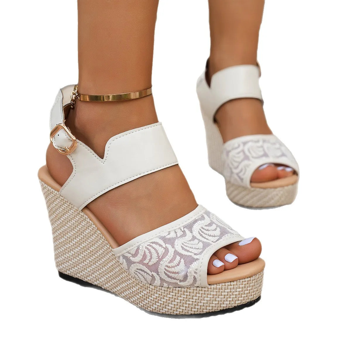 Plus Size Shoes for Women 36-43 Summer Platform Wedges Buckle Strap Non-slip Sandalias De Mujer Lace Peep Toe Sandals