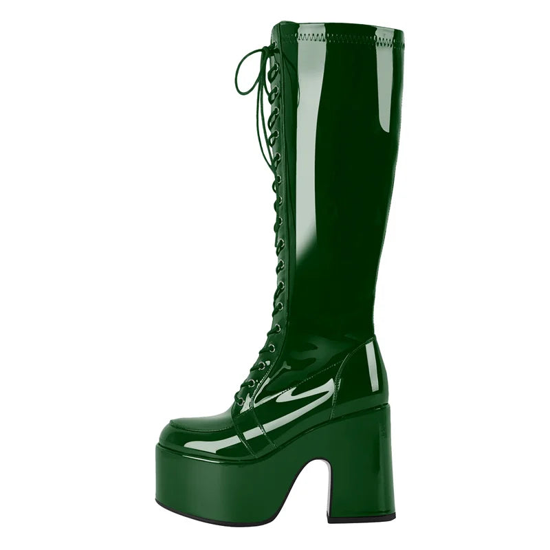 Onlymaker Women Black Round Toe Platform Knee High Boots Side Zipper Fashion Chunky Heel Mid-Calf Boot Punk Boots