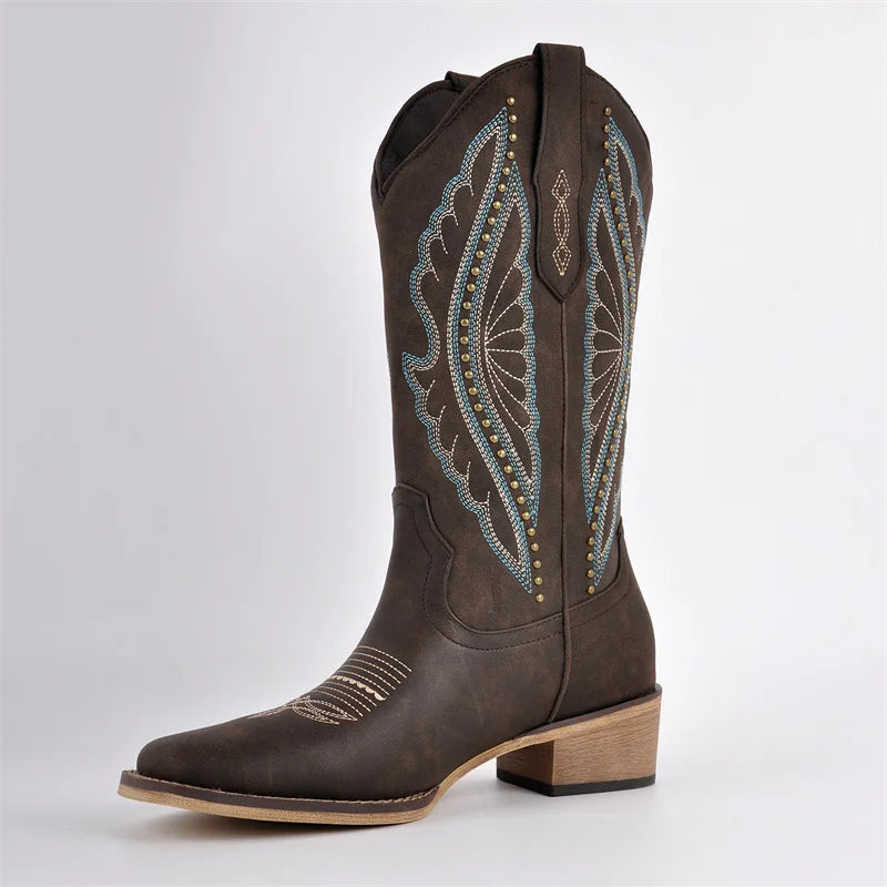Onlymaker Women Square Toe Cowboy Boots  Wide Calf Cowgirl Boots Embroidered Western Work Boots