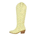 Onlymaker Women Pointed Toe Knee High Boots Western Boots Wide Calf Embroidered Canvas Block Heel Pull-On Cowgirl Booties