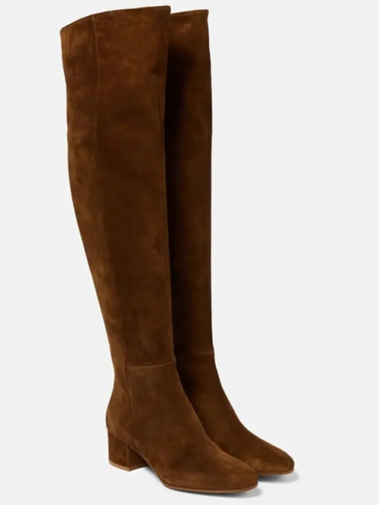 2025 Autumn and Winter New Women's Knee Over Boots Round Head Thick High Heels Side Zipper 34-46 Large Women's Boots