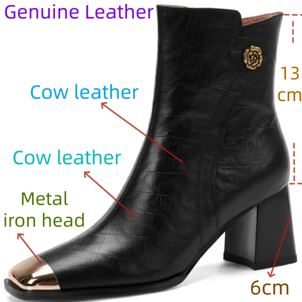 Women's Handmade Genuine Leather ort Boots Metal Square Head High Heel Autumn Winter Slim Fit Street Boots 34-40
