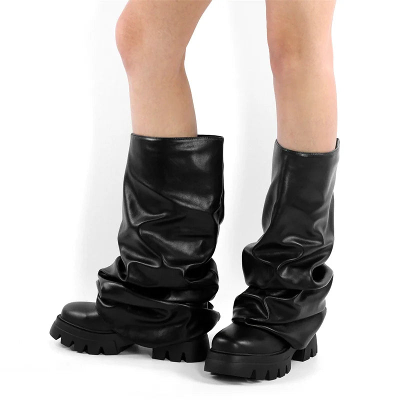Onlymaker Women Platform  Pleated Fold Over Boots Round Toe Handmade Female Fashion Mid-Calf Boots