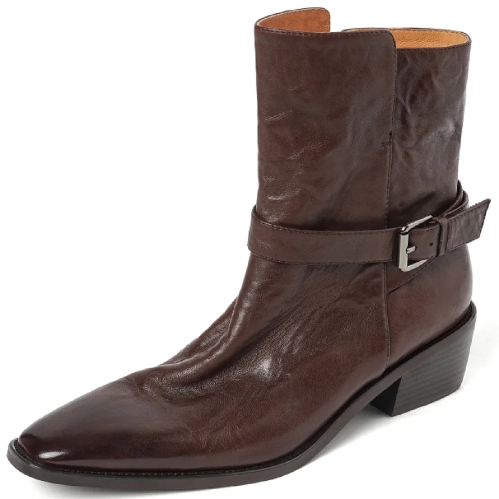 New Quality Women Handmade Genuine Leather Mid Heels Ankle Boots Sexy Square Toe Western Female High Boots 34-40
