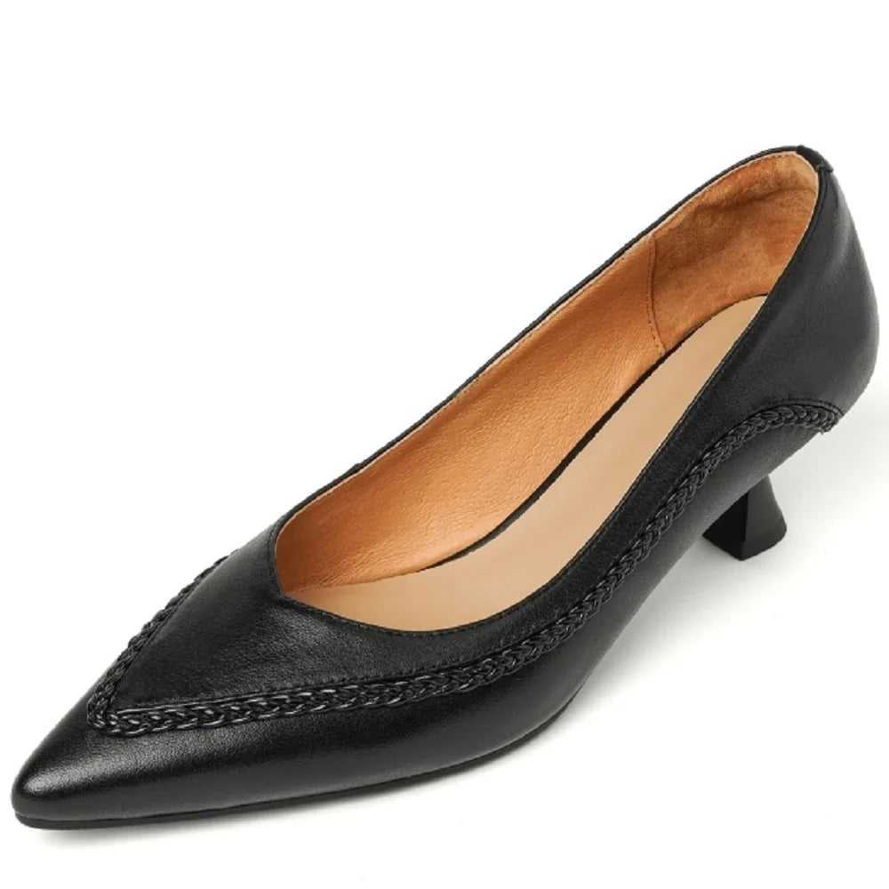 New Women Handmade Genuine Leather Pointed Toe Mid Heel Soft and comfortable Shallow Slip-on Ladies Shoes 34-40