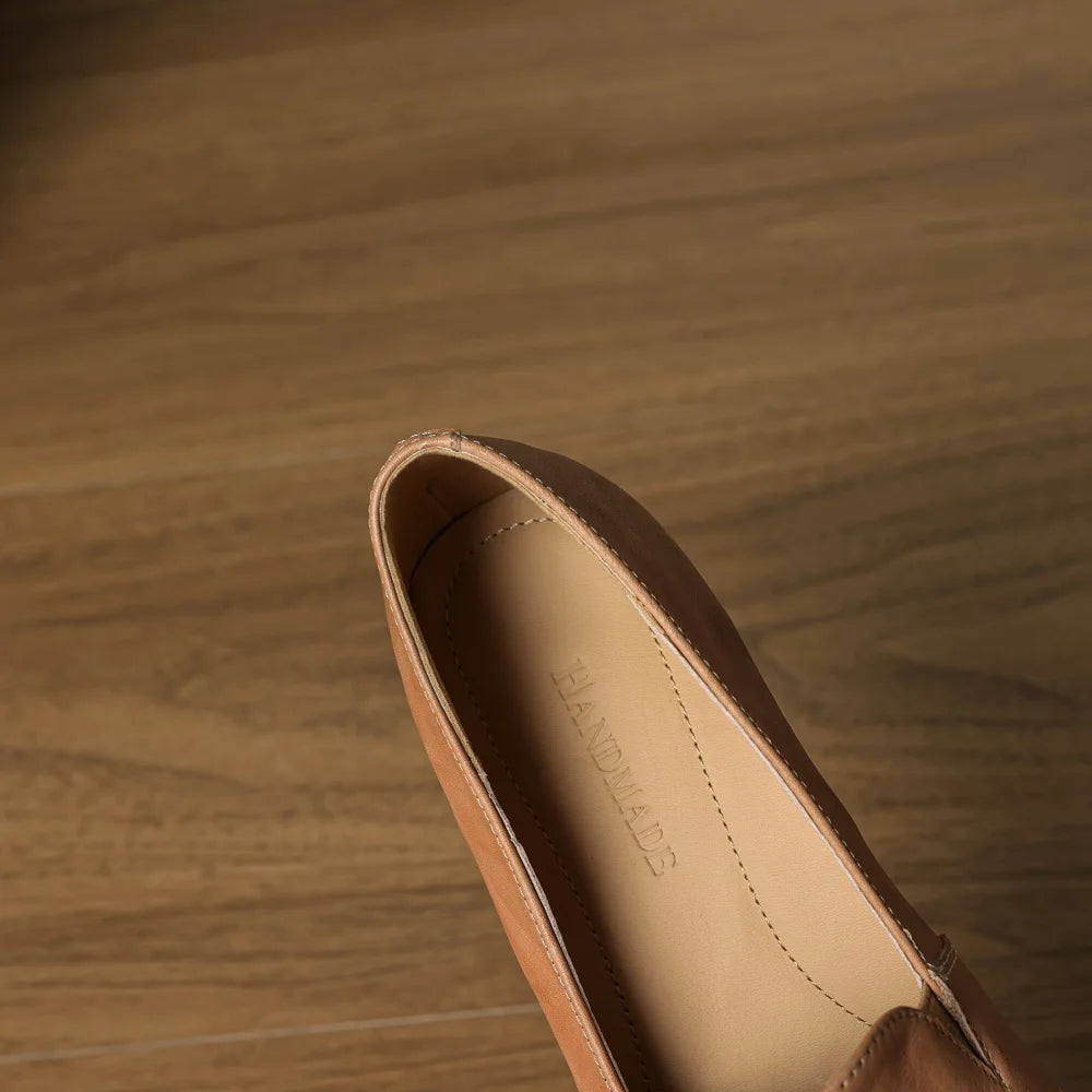 Woman Handmade Cowhide Real Leather Square Toe Mid Hells Soft comfortable Vintage Loafers Casual Walk Shoes 34-40