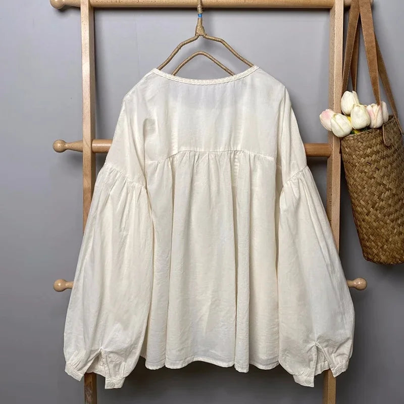 Vintage Cotton Lace Crochet Hollow Patchwork Pleated Blouse Female Victorian Boho Hippie Retro Puff Sleeve Elegant Shirt Tops