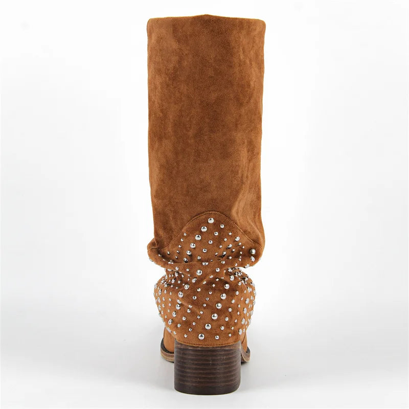 Onlymaker Women Round Toe Flock Knee High Boots Block Heel Fashion Fold Over Boots