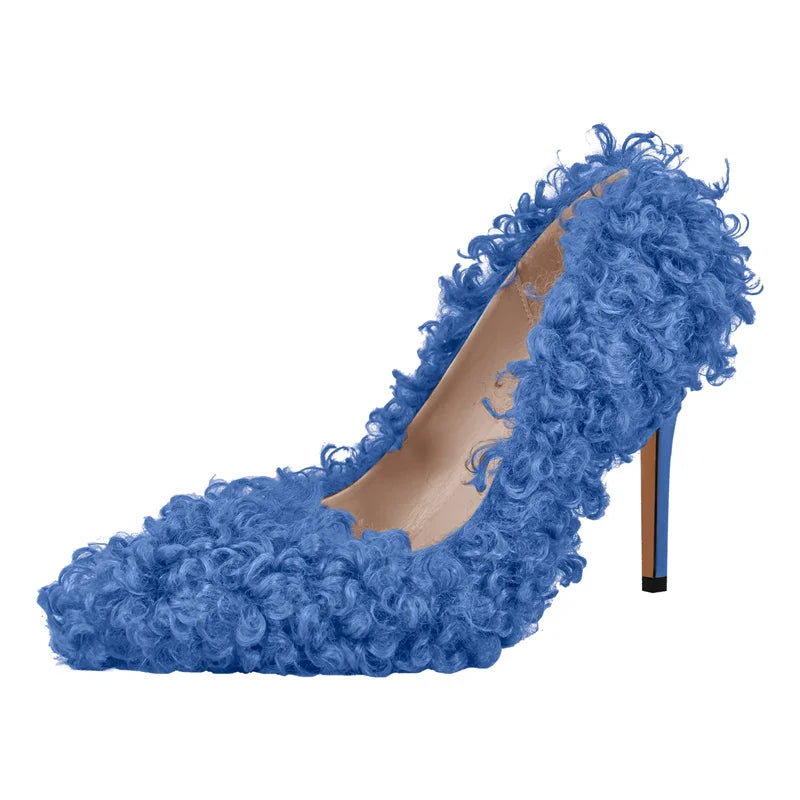 Women Pumps Brown Faux Fur  Pointed Toe 10CM Slip-On Thin Heels Party Wedding Office Lady Big Size Shoes