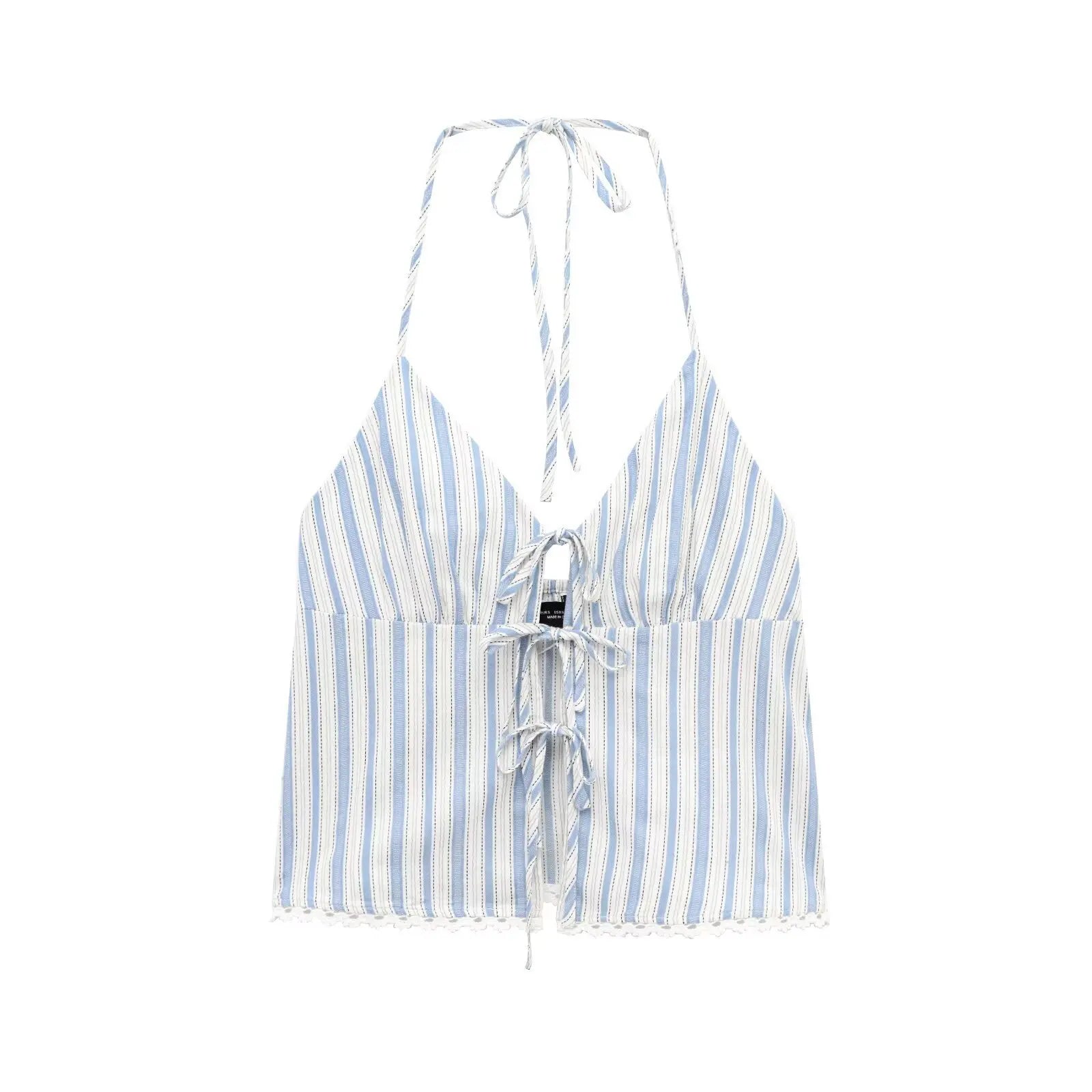 Women's Summer Lace Up V Neck Sleeveless Stripe Tank Top Lady High Street Holiday Sexy Halter Neck Short Camis Top