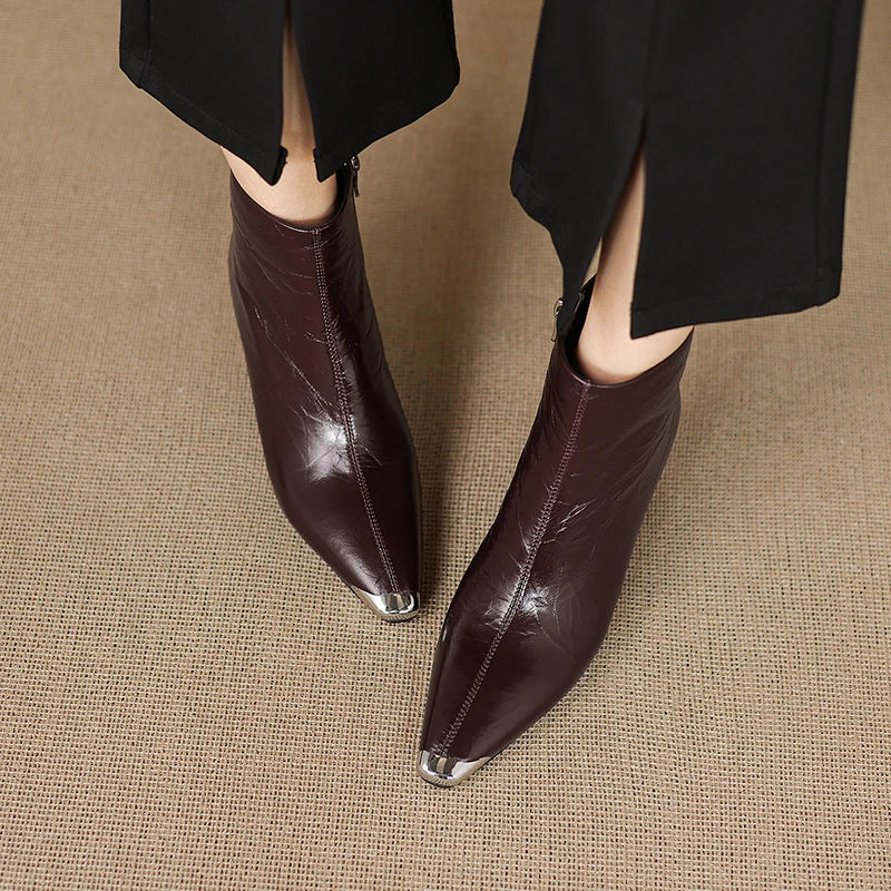 New Women Ankle Boots Winter Genuine Leather Autumn Shoes High Heels Pointed Toe Dress Lady Short Boots