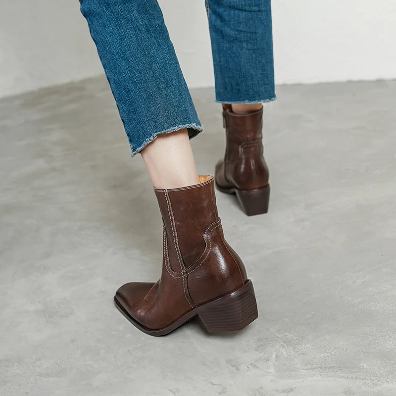 Handmade Genuine Leather Soft and comfortable Ankle Boots Women's Chunky Heel Retro ort Pattern Booties 34-40