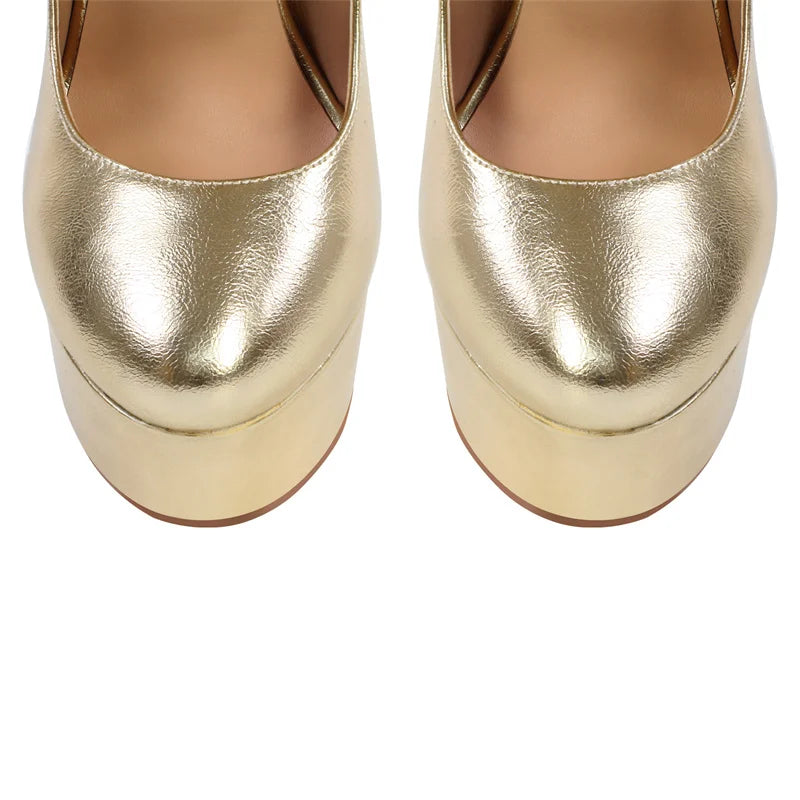 Women Mary-Jane Platform Pumps Gold Chunky 16CM High Heels Ankle Strap Dress Party Plus Size Hoof Heel Shoes