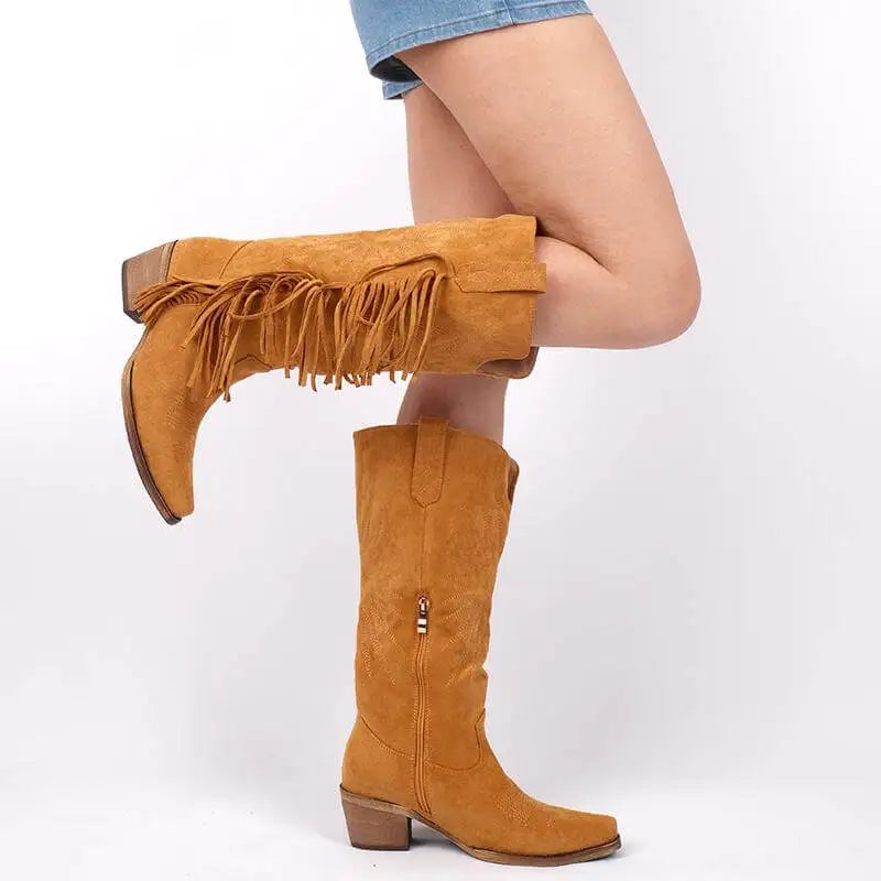 Onlymaker Women Pointed Toe Fringe Western Cowgirl Boots Fringed Chunky Heel Embroidery Retro Side Zipper Cowboy Boots