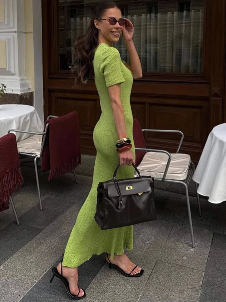 TARUXY Short Sleeve Knitted Long Dress Female Slim Hollow Retro Elegant Sweater Dress 2026 Summer New High Waist Women‘s Dress
