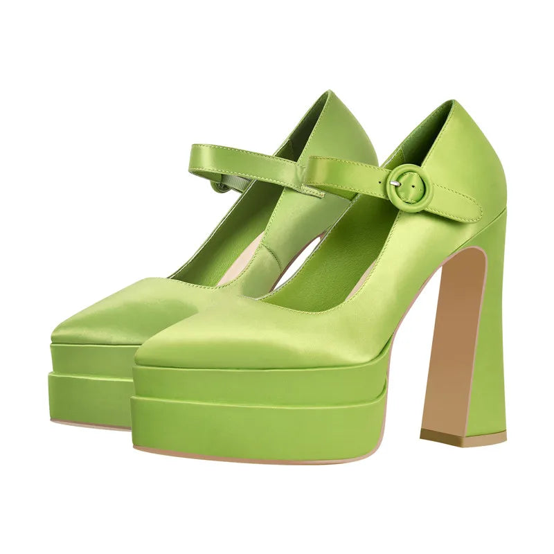 Women Platform Pointed Toe Pumps Chunky High Heels Ankle Strap Dress Party Dress Big Size Green Female Shoes