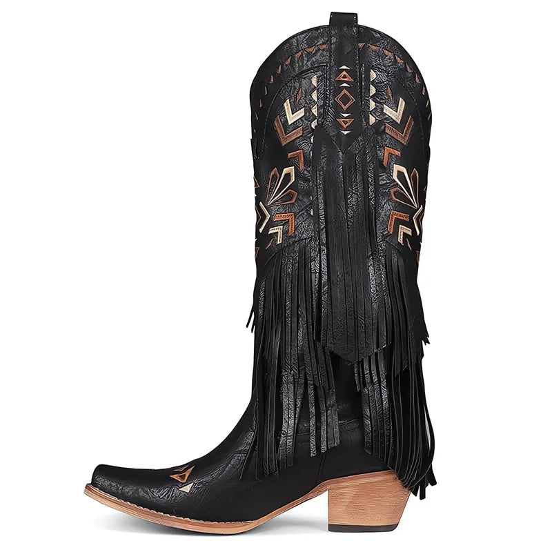 Onlymaker Women Pointed Toe Retro Fringe Pull On Western Cowgirl Boots Fringed Chunky Heel Embroidery Cowboy Boots