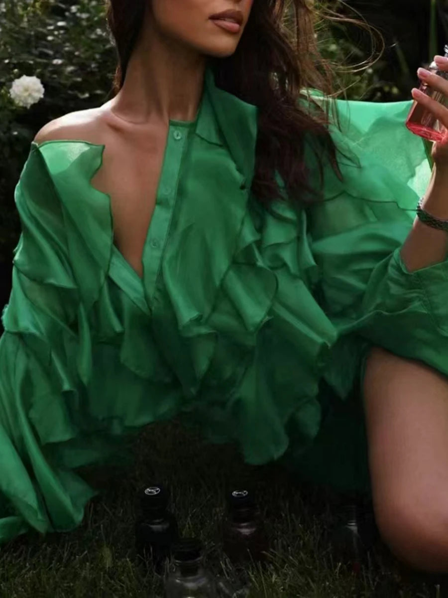 Chic Spliced Ruffles Solid Color Blouse for Women V Neck Long Sleeve Patchwork Sheer Design Loose Shirt Female Fashion Style