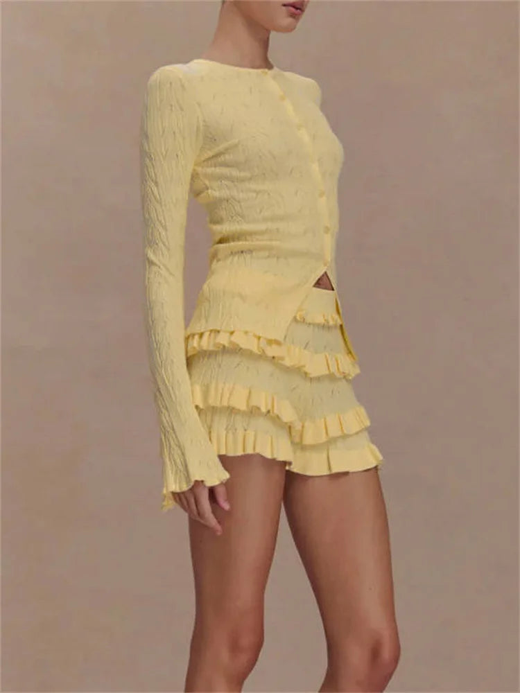 Summer Knit Ruffled 2 Piece-Set Shorts Female Patchwork Slim Casual Long Sleeve Sweater Cardigan And Women's Shorts Sets