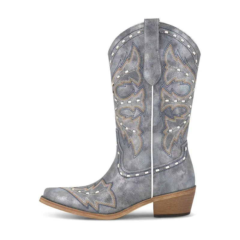 Womens Pointed Toe Embroidered Pull On Casual Boots Mid Calf Low Heel Cute Western boots