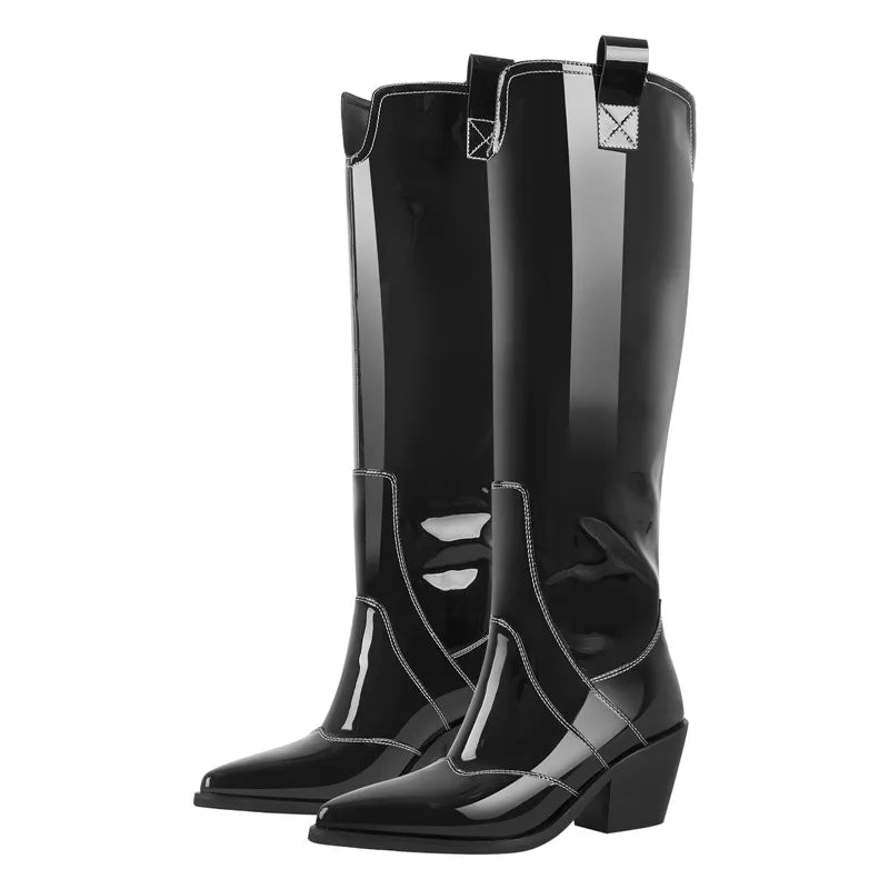 Onlymaker Black Knee High Boots  Women Western Cowboy Boots Wide Calf Embroidered Pointed Toe Block Heel Pull-On Cowgirl Booties