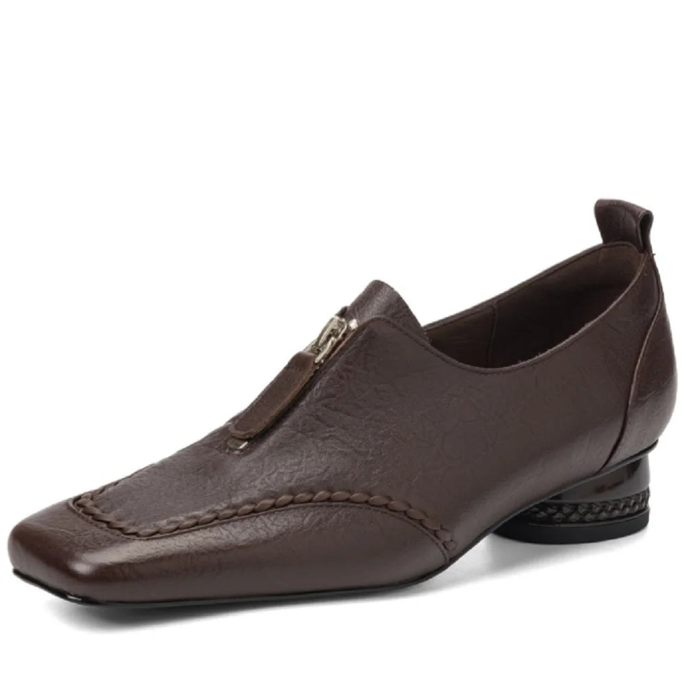 women's Handmade Genuine Leather Square toe front zip high quality soft comfortable casual female 34-40