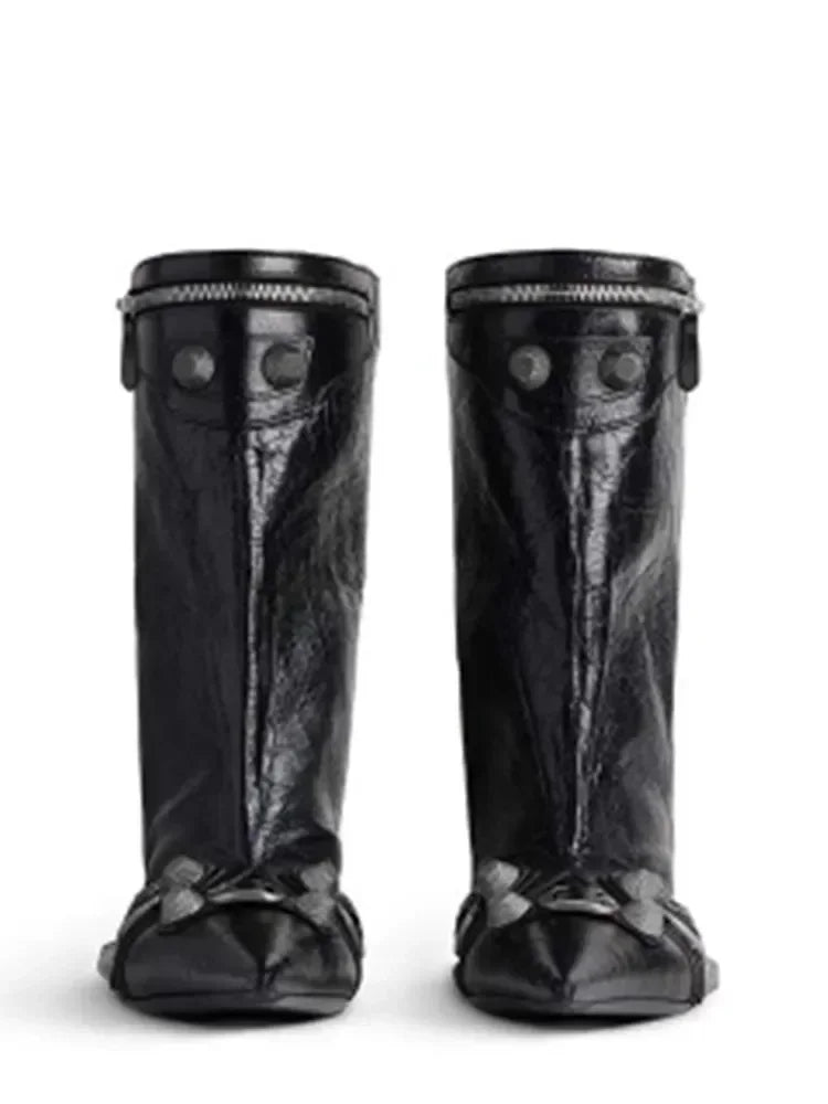 2026 Autumn/Winter New Rivet Women's Pointed Knee Length Women's Boots 5CM Stiletto High Heels Wide Barrel Women's Short Boots