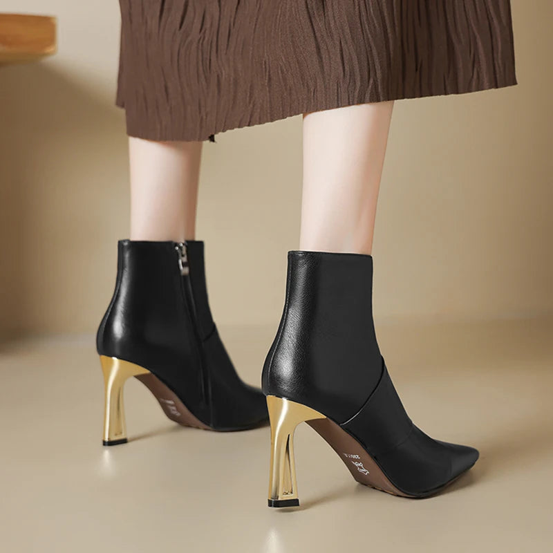 Women Handmade Genuine Leather Shoes Pointed Toe Elegent High Heel Ankle Boots Daily Shoes 34-40