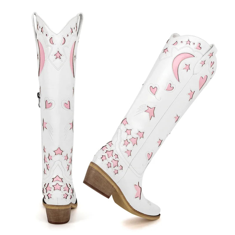 Onlymaker Women  Pointed Toe Knee High Western Cowgirl Boots Comfy White Stars Side Zipper Big Size  Cowboy Boots