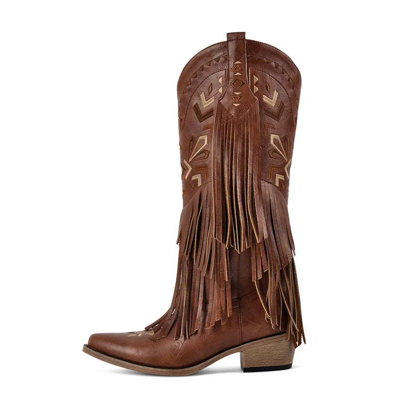 Onlymaker Women Pointed Toe Retro Fringe Pull On Western Cowgirl Boots Fringed Chunky Heel Embroidery Cowboy Boots