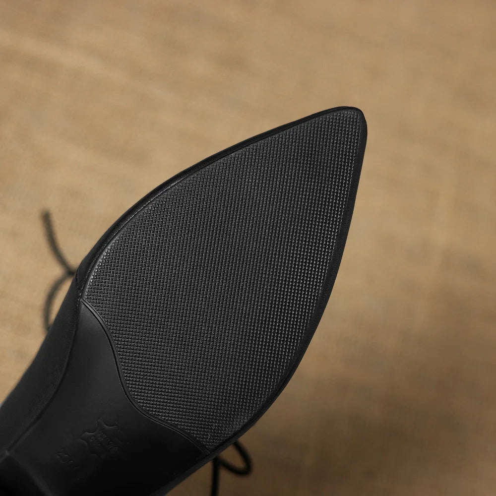Women's Handmade Genuine Leather with Pointed Toe Mid Heel Casual Office Slip-On Dress Shoes for Girls 33-43
