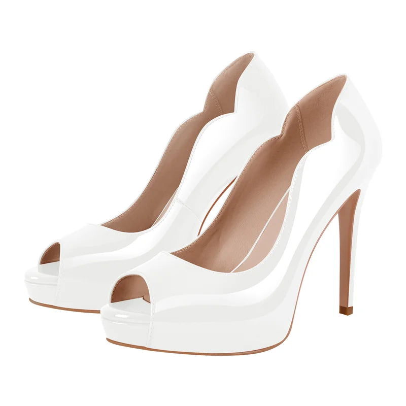 Women Peep Toe Platform Patent Leather Pumps High Heeled Big Size Slip On Women Stiletto Heels