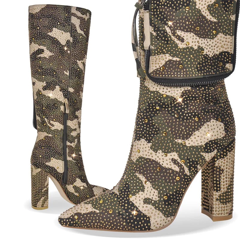 Onlymaker Women Rhinestone Knee High Boots Block Heel Handmade Fashion Pointed Toe Bling  Boots