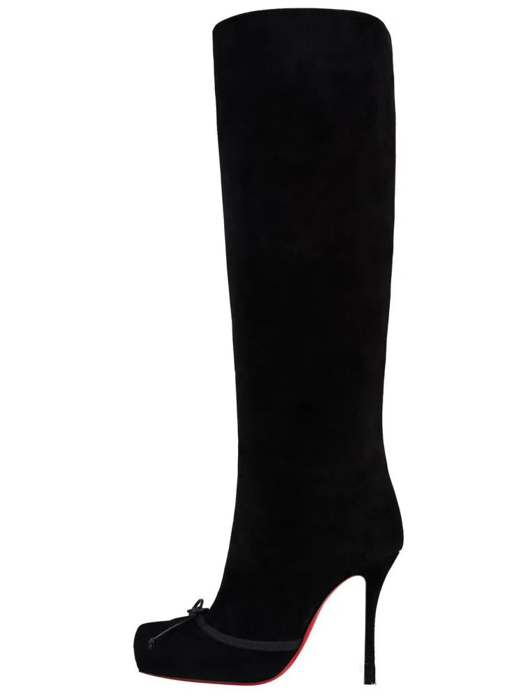 2026 Women's Autumn and Winter Fashionable Black High-heeled Knee High Boots with Square Toe and Side Zipper, Women's Midsole Boots
