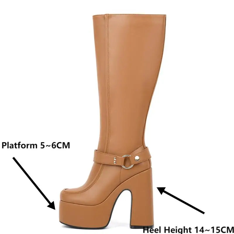 Onlymaker Women Round Toe Platform Knee High Boots Side Zipper Fashion Chunky Block Heel Mid-Calf Boot Punk Long Boots