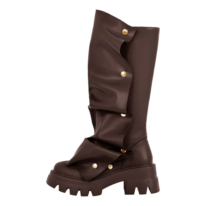 Onlymaker Women Platform Red Fold Over Boots Block Heel Round Toe Western Pull on Fashion Mid-Calf Female Boots