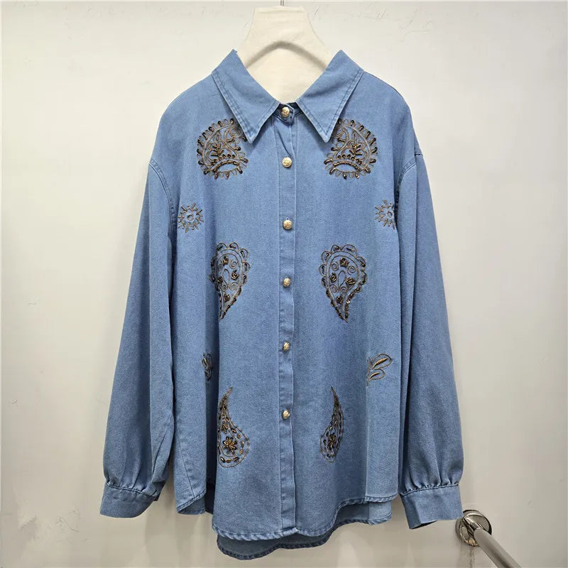 2026 Early Spring New Floral Embroidery Beaded Denim Shirt For Woomen Loose Turn-Down Collar Cardigan Female 11A08741