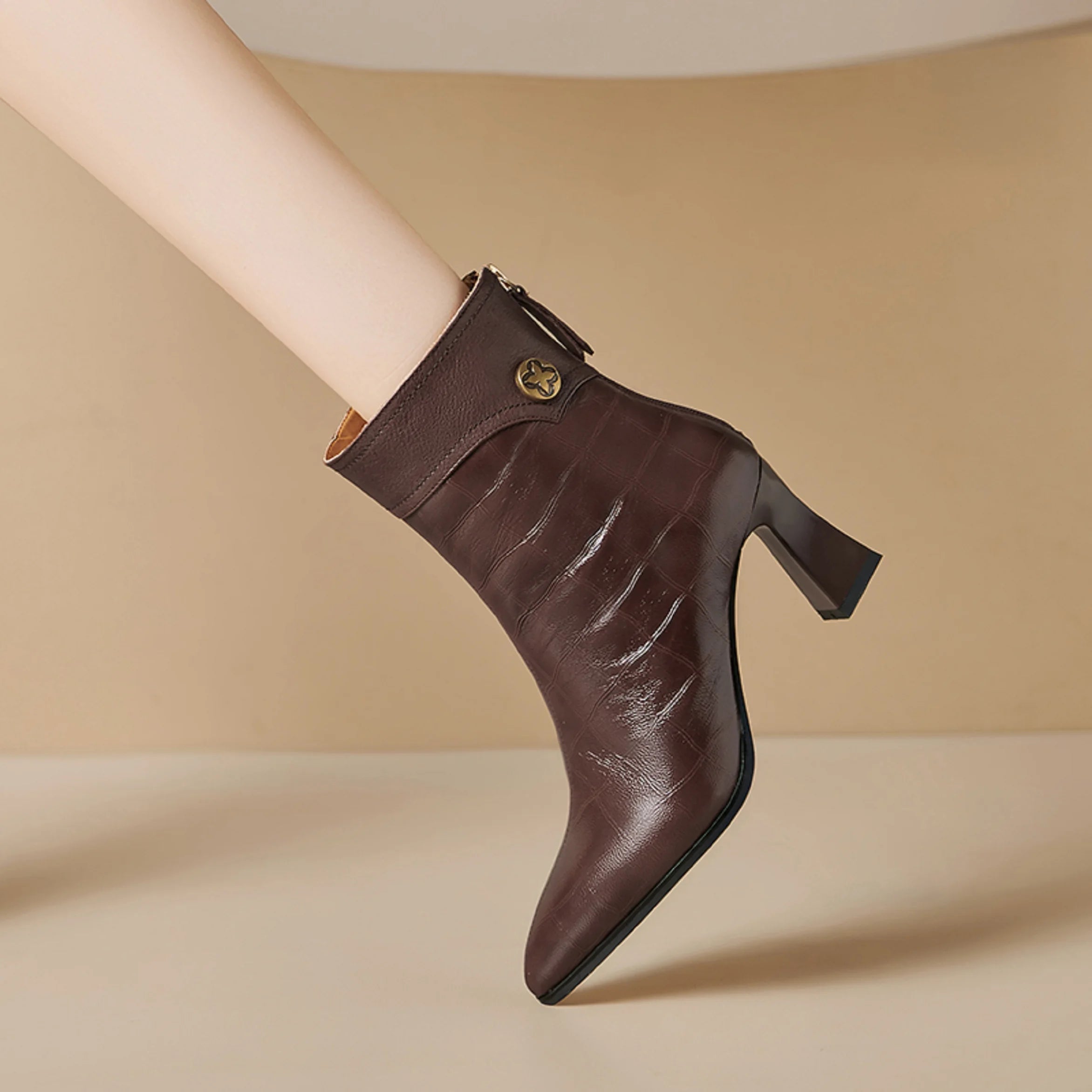 Women Handmade Genuine Leather Soft and comfortable Pointed Toe Chunky Heel Boots 34-40