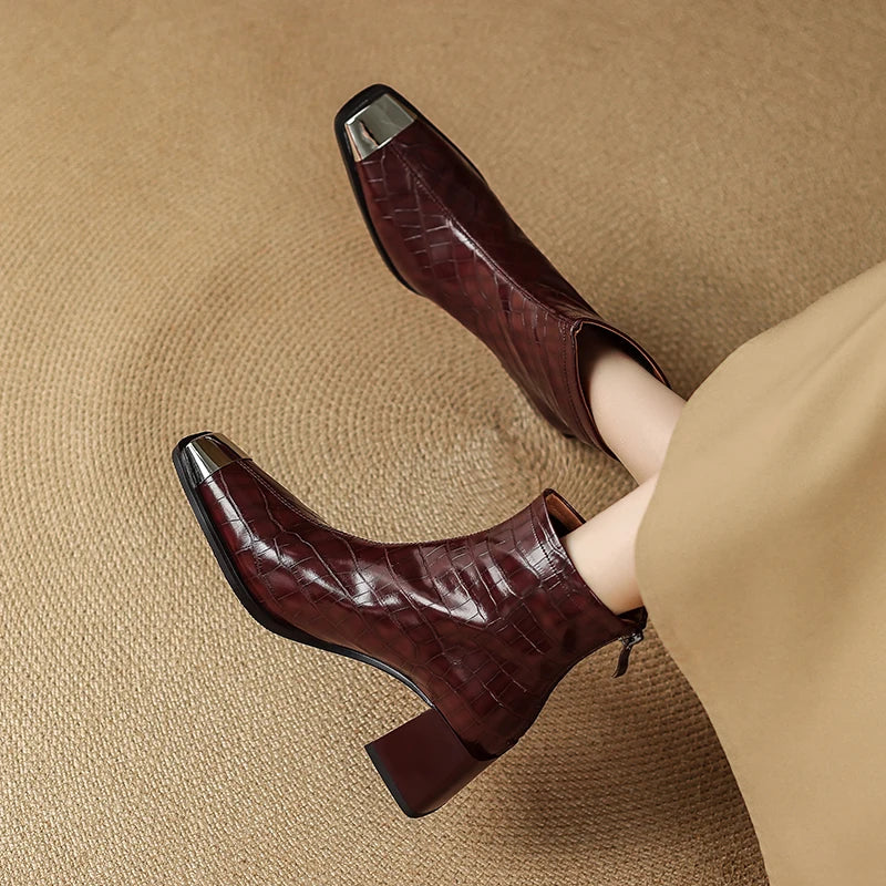 Women's Handmade Genuine Leather Soft and comfortable Mid Heel Ankle Boot Thi Heel ort Inner Fce Layered 33-40