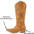 Onlymaker Women's Western Embroidery Cowgirl Boots Pointed Toe Side Zipper Knee High with Chunky Heel  Boots