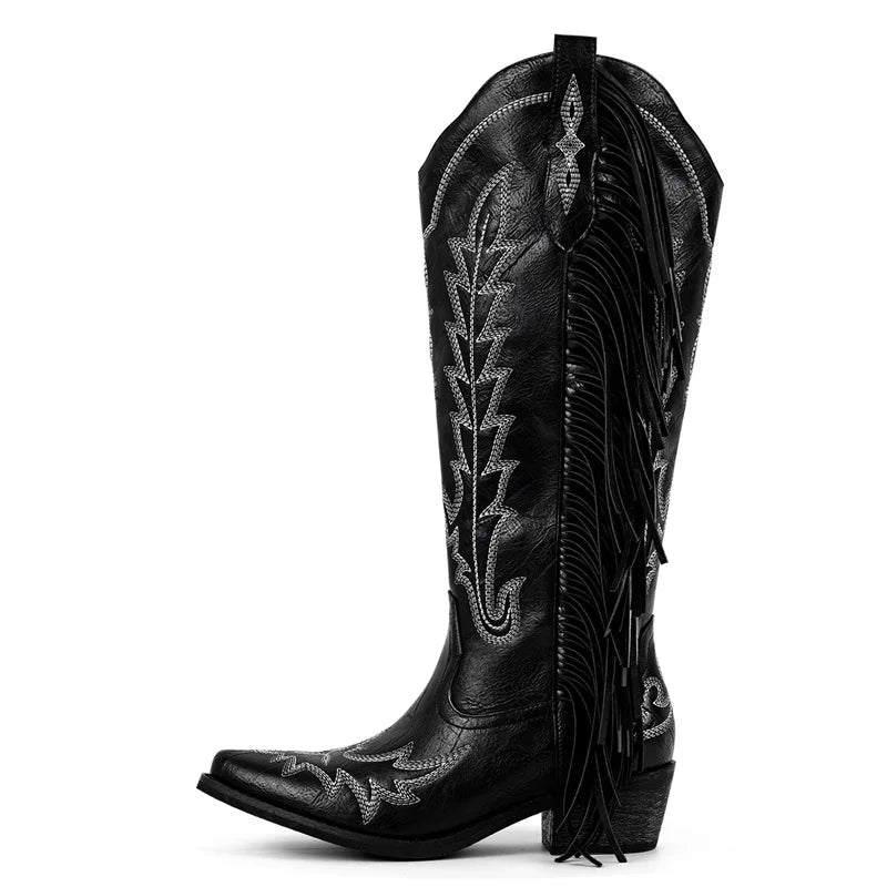 Onlymaker Women Pointed Toe Fringe Side Zipper Retro Western Cowgirl Boots Fringed Chunky Heel Embroidery Cowboy Boots