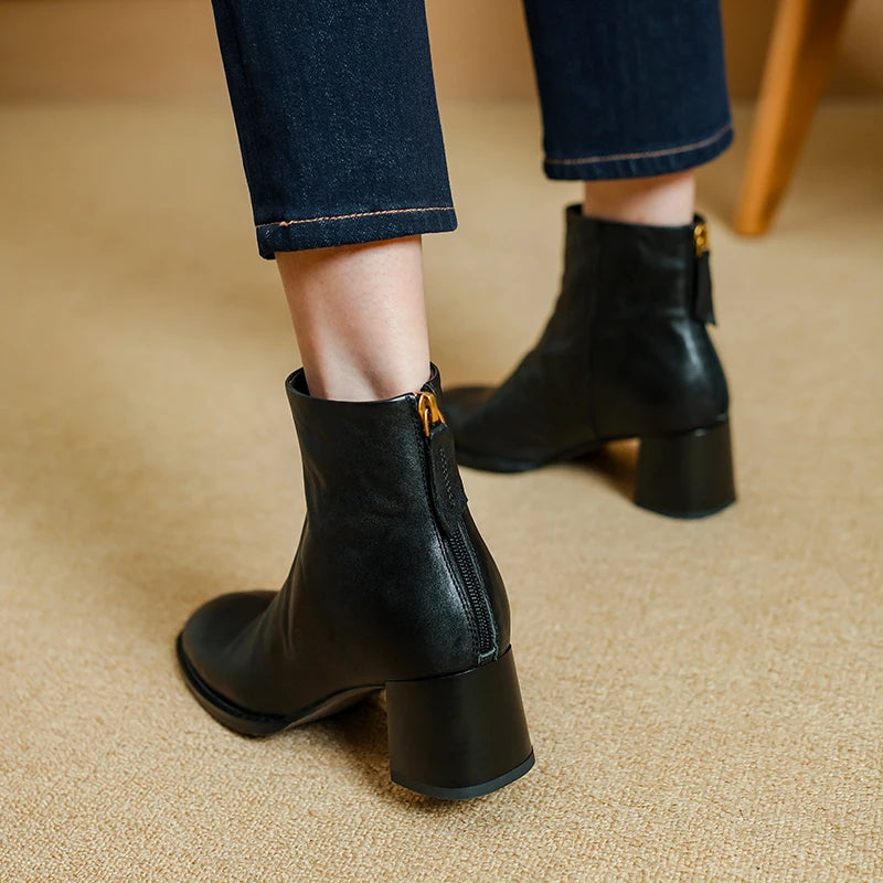 Handmade Genuine Leather Soft and comfortable Ankle Boots Women Booties Chunky Mid Heels Square Toe Shoes 34-40