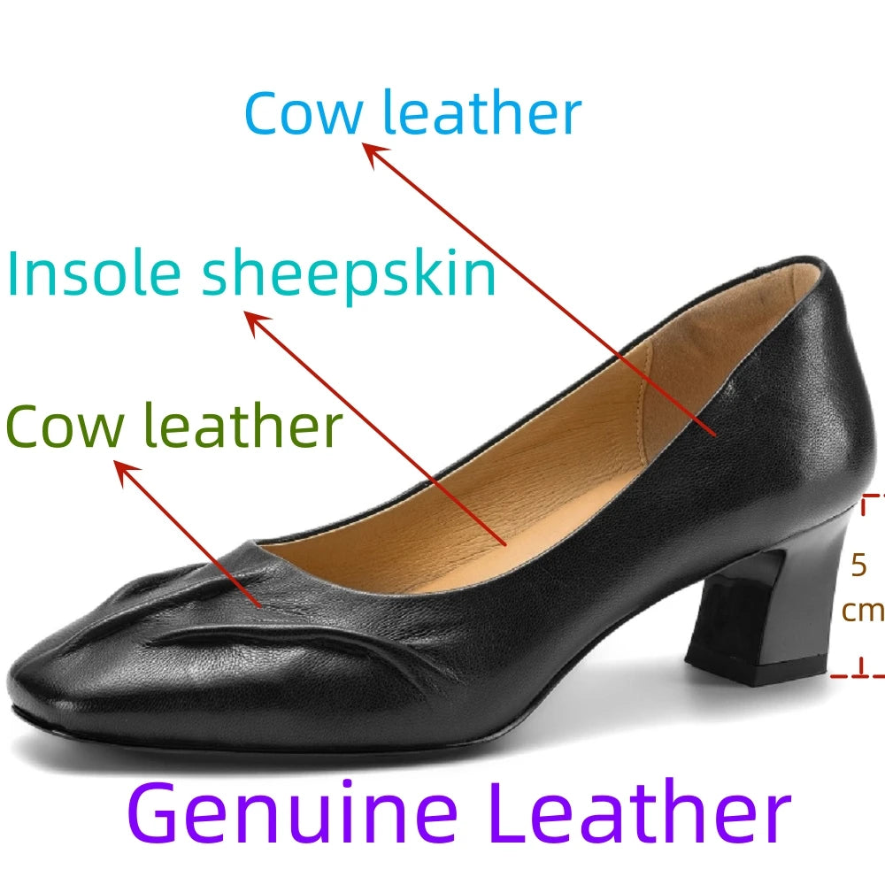 NEW Women Handmade Genuine Leather Soft and comfortable Square Toe Mid Heel Shallow Slio-on Shoes 34-40