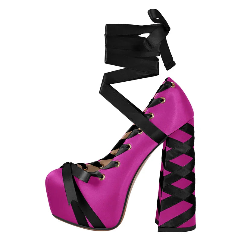Womens Round Toe  Platform Pumps Bow Cute Lolita Two-Toned Ballet Lace-up Hoof Chunky Heel Shoes
