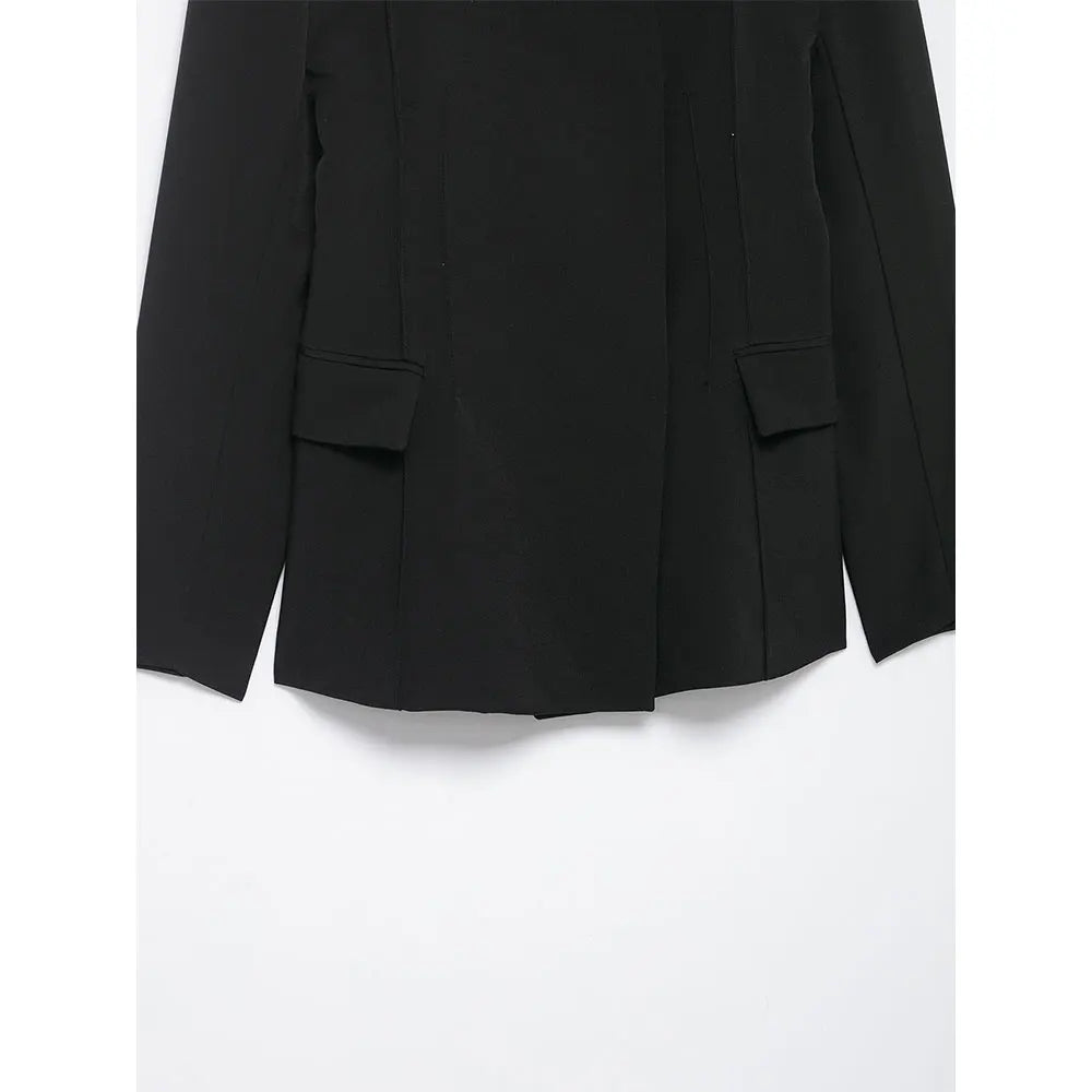 Women's With Pockets Black Blazer Vintage Long Sleeves V-Neck Female Office Lady Outfits