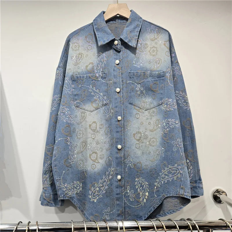 2026 Early Spring New Fashion Casual Regular Jacquard Rhinestone Denim Long Sleeve Shirt For Women Loose Style Top 11A08485
